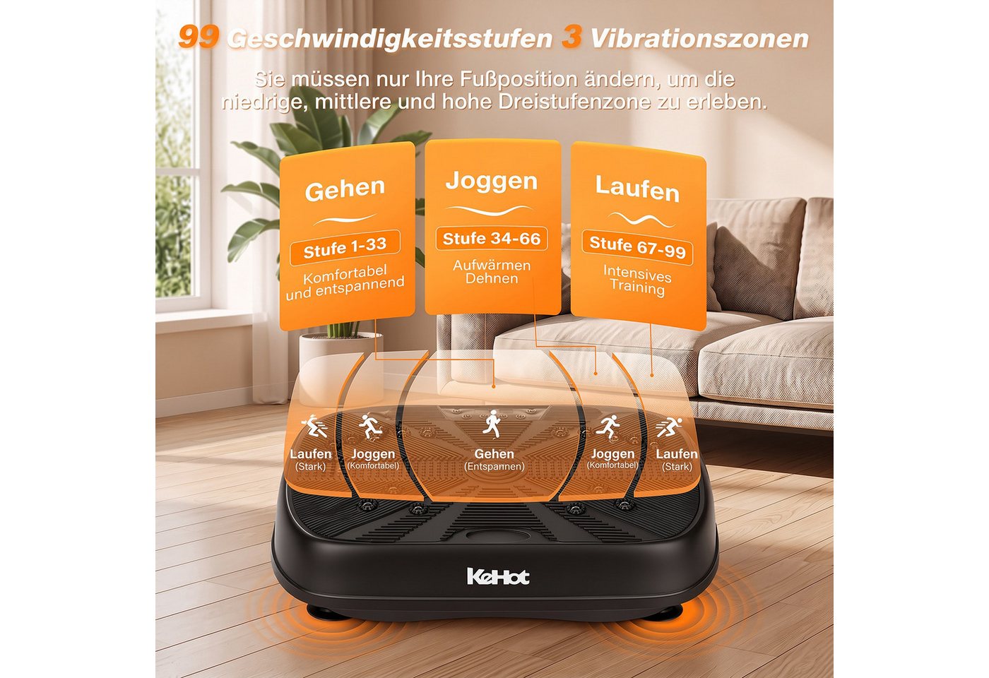 kehot Vibrationsplatte Leise und Kompakte Vibrationsplatte für Körperformung,Entspannung, 200 W, 99 Intensitätsstufen, Fitnessgeräte für Ganzkörpertraining mit Trainingsbänder, LED-Display Bild 5