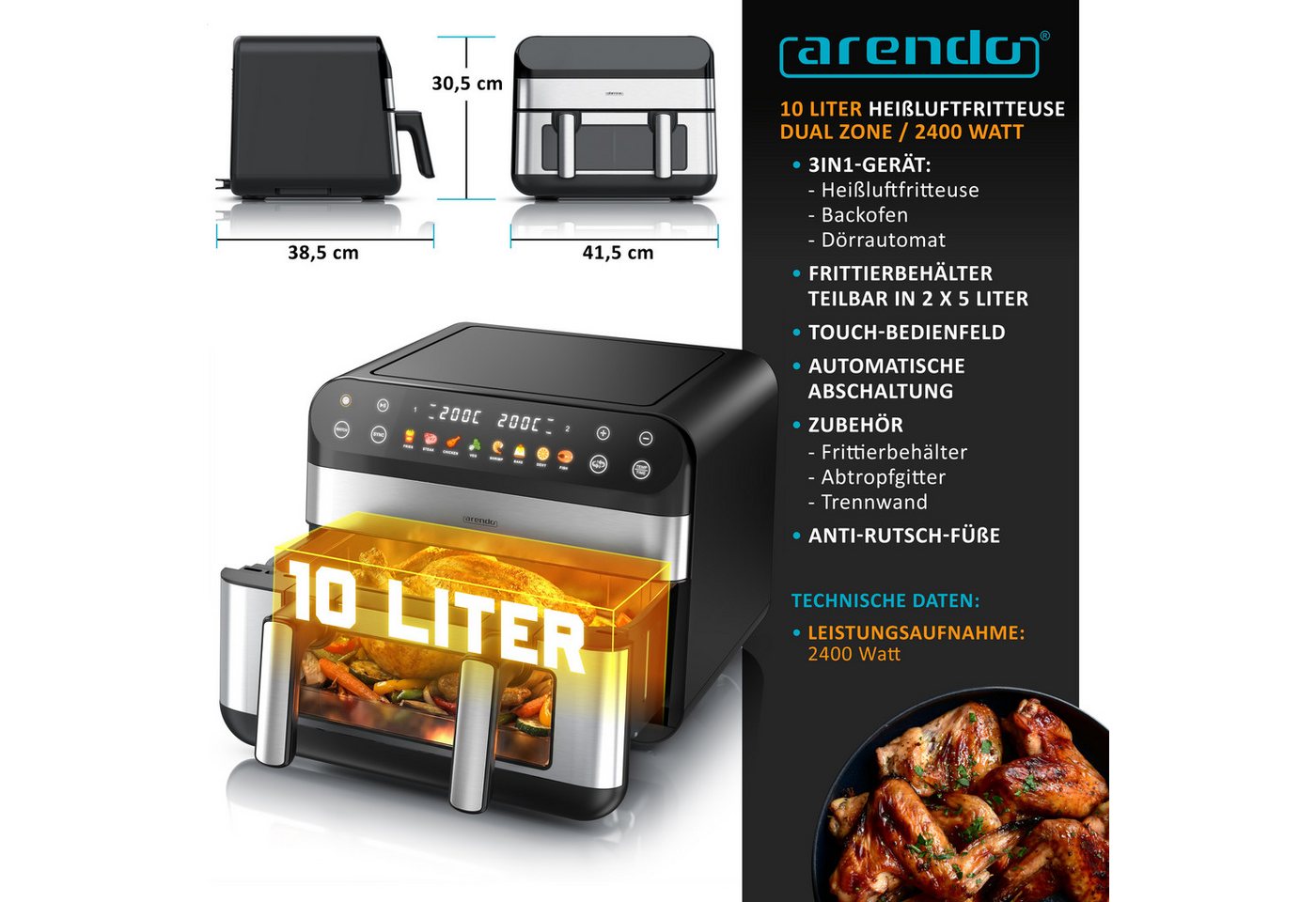 Arendo Heißluftfritteuse Airfryer XXL mit beleuchtetem Sichtfenster, Pre Heat & Turn-Food, 2400 W, mit Zubehör, Umluft Backofen, Sichtfenster Grill, Dörrautomat