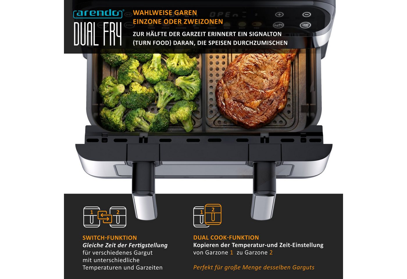 Arendo Heißluftfritteuse Airfryer XXL mit beleuchtetem Sichtfenster, Pre Heat & Turn-Food, 2400 W, mit Zubehör, Umluft Backofen, Sichtfenster Grill, Dörrautomat Bild 2