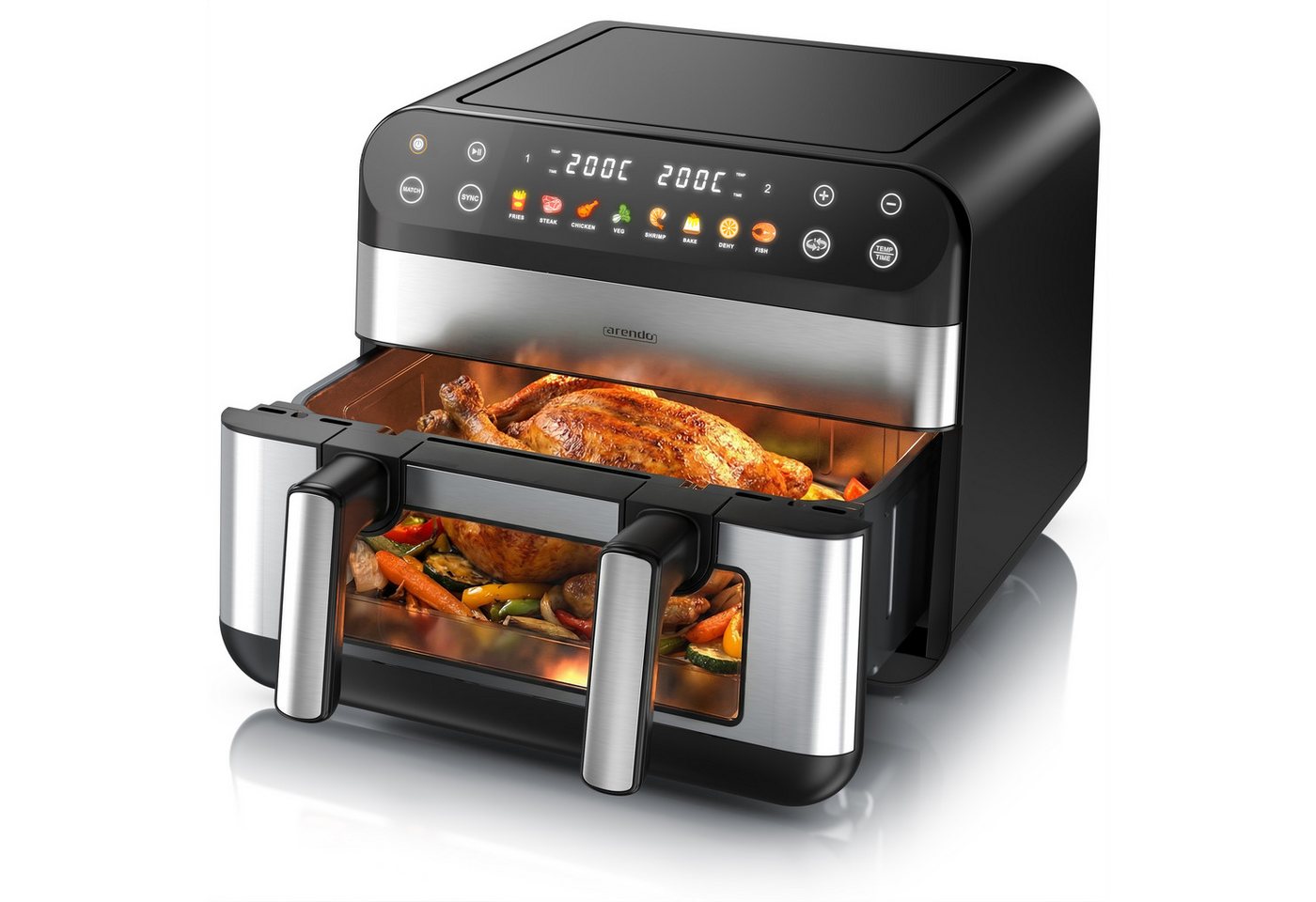 Arendo Heißluftfritteuse Airfryer XXL mit beleuchtetem Sichtfenster, Pre Heat & Turn-Food, 2400 W, mit Zubehör, Umluft Backofen, Sichtfenster Grill, Dörrautomat Bild 3