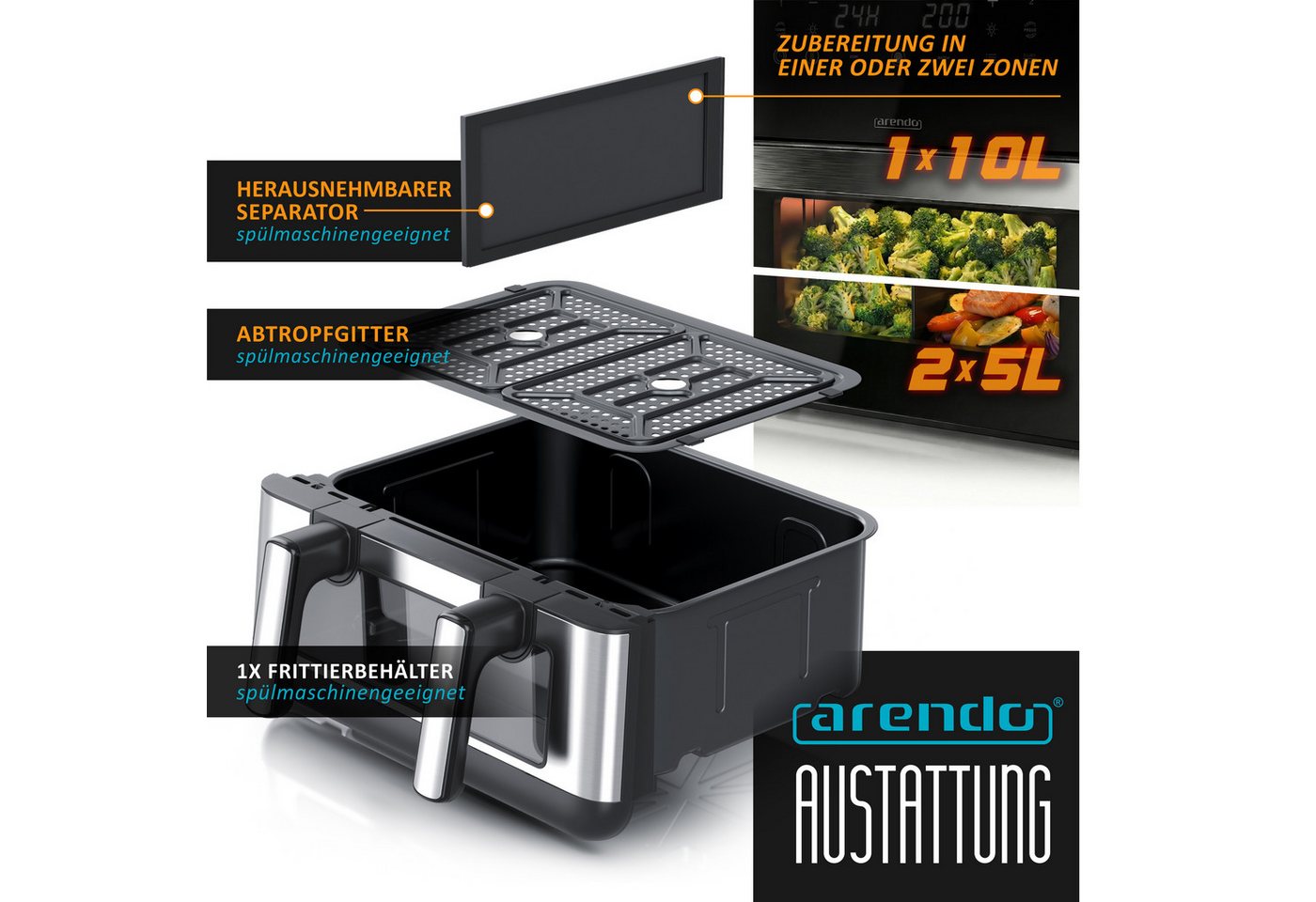 Arendo Heißluftfritteuse Airfryer XXL mit beleuchtetem Sichtfenster, Pre Heat & Turn-Food, 2400 W, mit Zubehör, Umluft Backofen, Sichtfenster Grill, Dörrautomat Bild 4