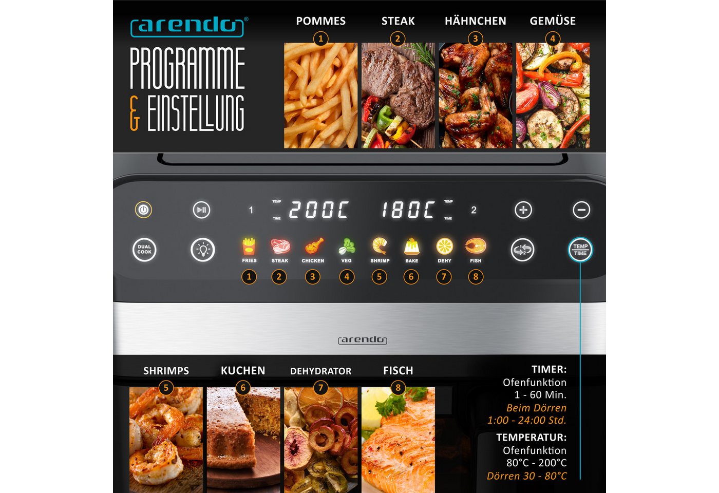 Arendo Heißluftfritteuse Airfryer XXL mit beleuchtetem Sichtfenster, Pre Heat & Turn-Food, 2400 W, mit Zubehör, Umluft Backofen, Sichtfenster Grill, Dörrautomat Bild 5