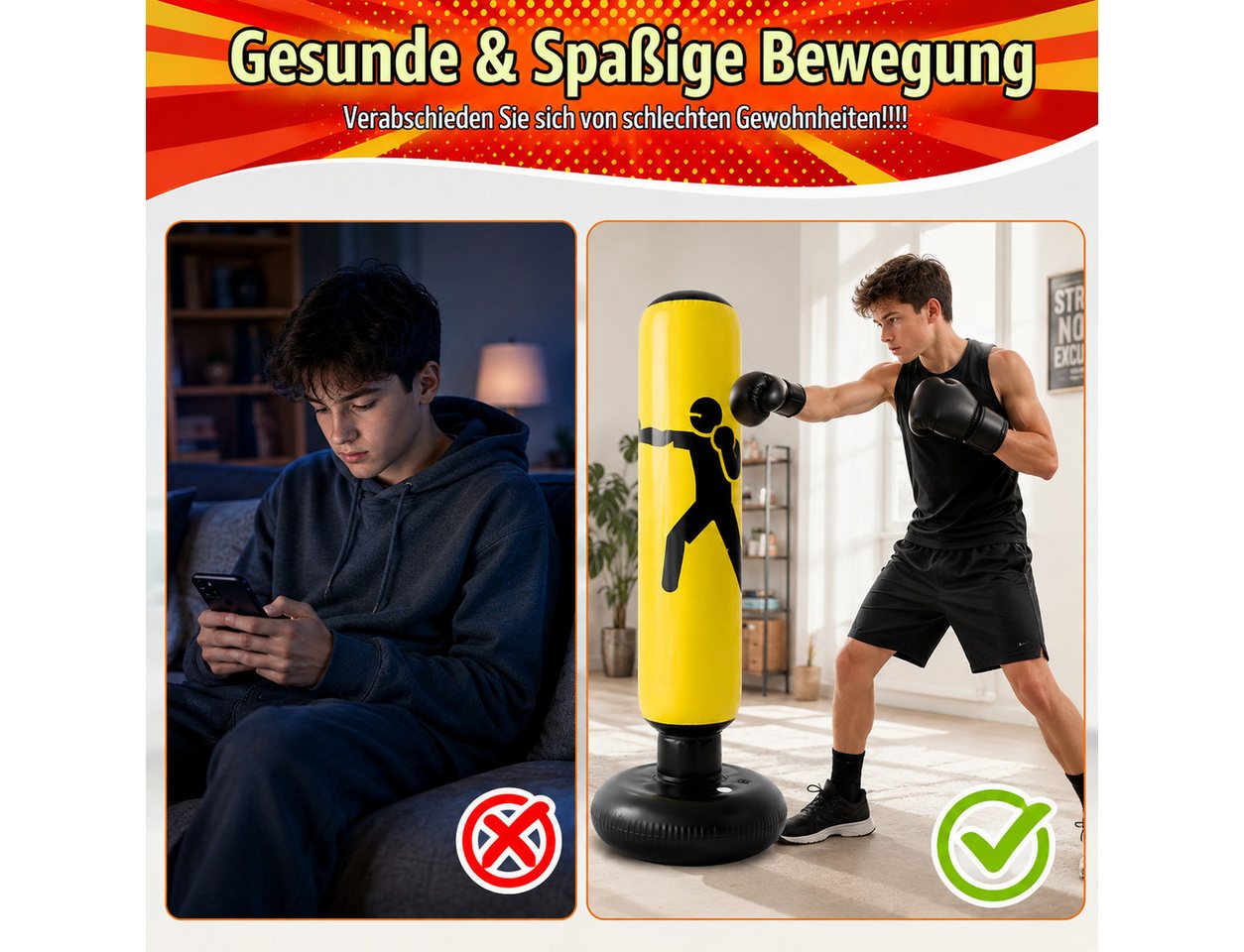 MOPUEA Boxsack Boxsack Sports Verstaubar 160cm Standboxsack gelb (Set, 1-tlg., Ideal für Box-, Fitness- und Reaktionstraining), Heimfitness Bild 2