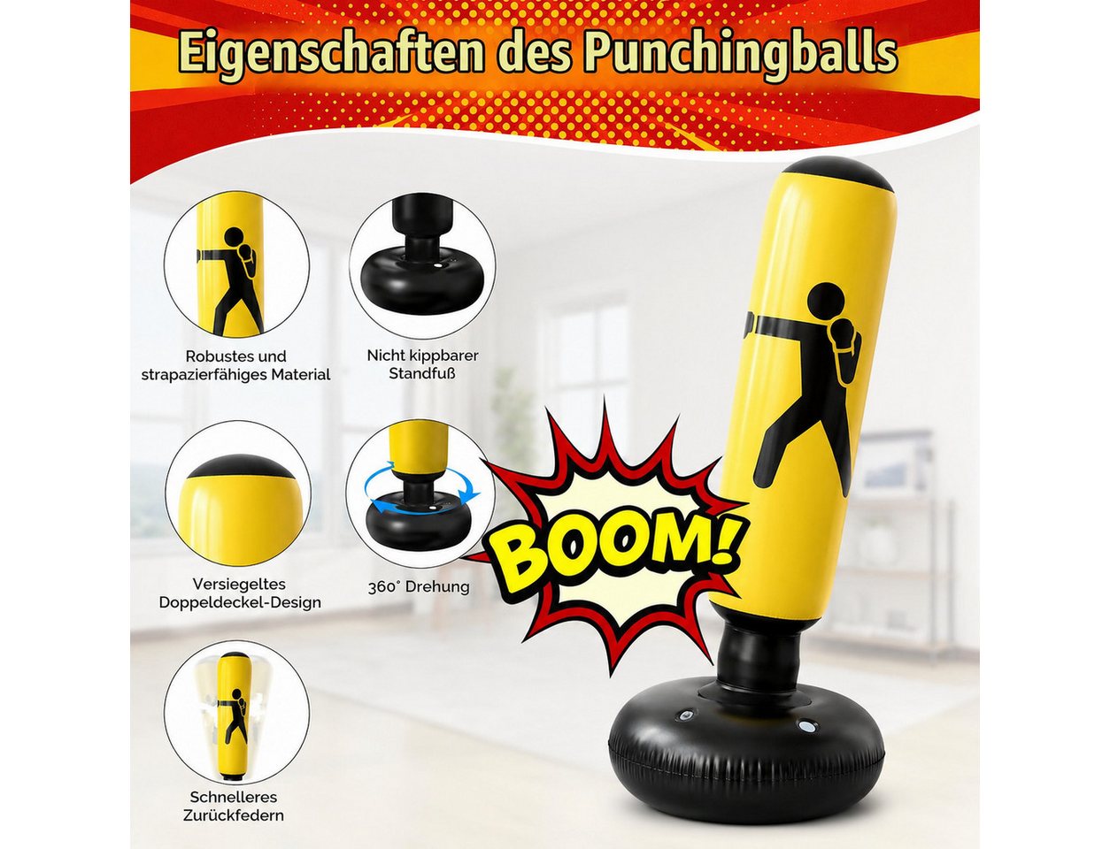 MOPUEA Boxsack Boxsack Sports Verstaubar 160cm Standboxsack gelb (Set, 1-tlg., Ideal für Box-, Fitness- und Reaktionstraining), Heimfitness Bild 4
