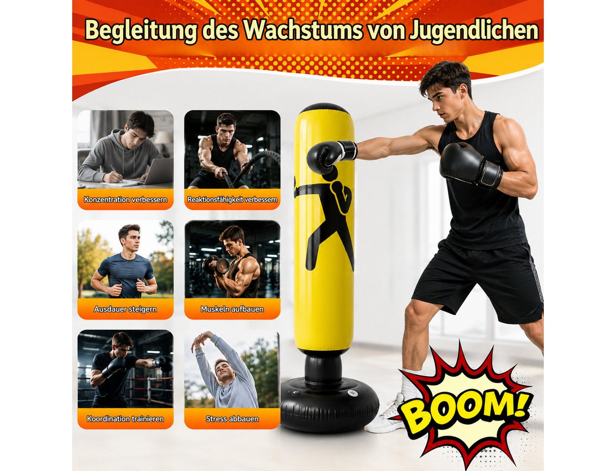 MOPUEA Boxsack Boxsack Sports Verstaubar 160cm Standboxsack gelb (Set, 1-tlg., Ideal für Box-, Fitness- und Reaktionstraining), Heimfitness Bild 5