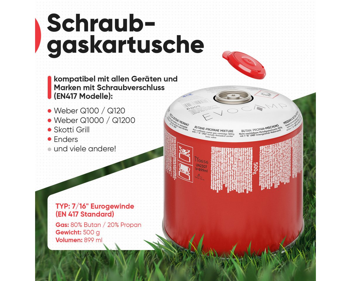EVOCAMP Gaskartusche 24x Butangas Kartuschen 500g, Schraubkartusche mit Butan/ Propan Gas, 24 St.