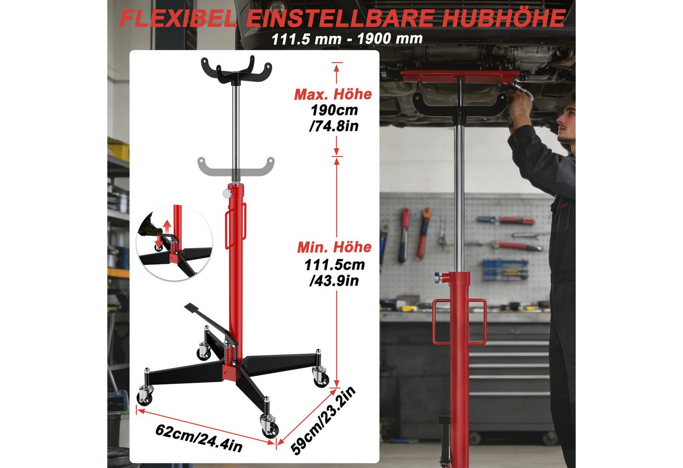 FIVMEN Getriebeheber Motorständer Mobiler Motorheber 100-190 cm Hubhöhe Motorenheber, Motorblockhydraulik Faulenzer Heber mit 4 kugelgelagerte Lenkrollen Bild 5