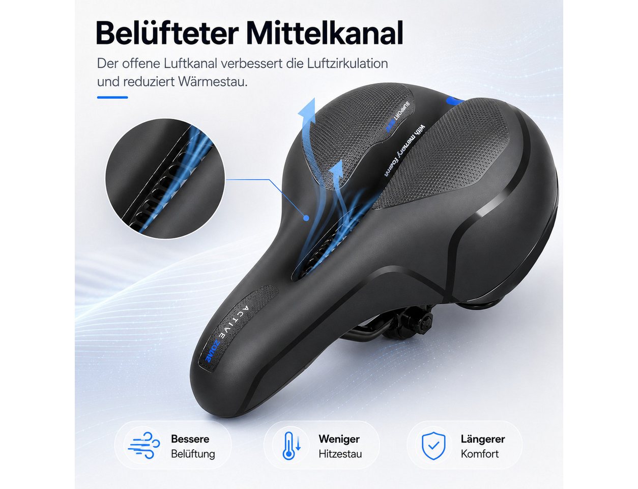 Luckice Fahrradsattel Ergonomischer Fahrradsattel mit Doppelstoßdämpfung, (Belüftung, breiter Polsterung), wasserabweisender Oberfläche & Reflektor