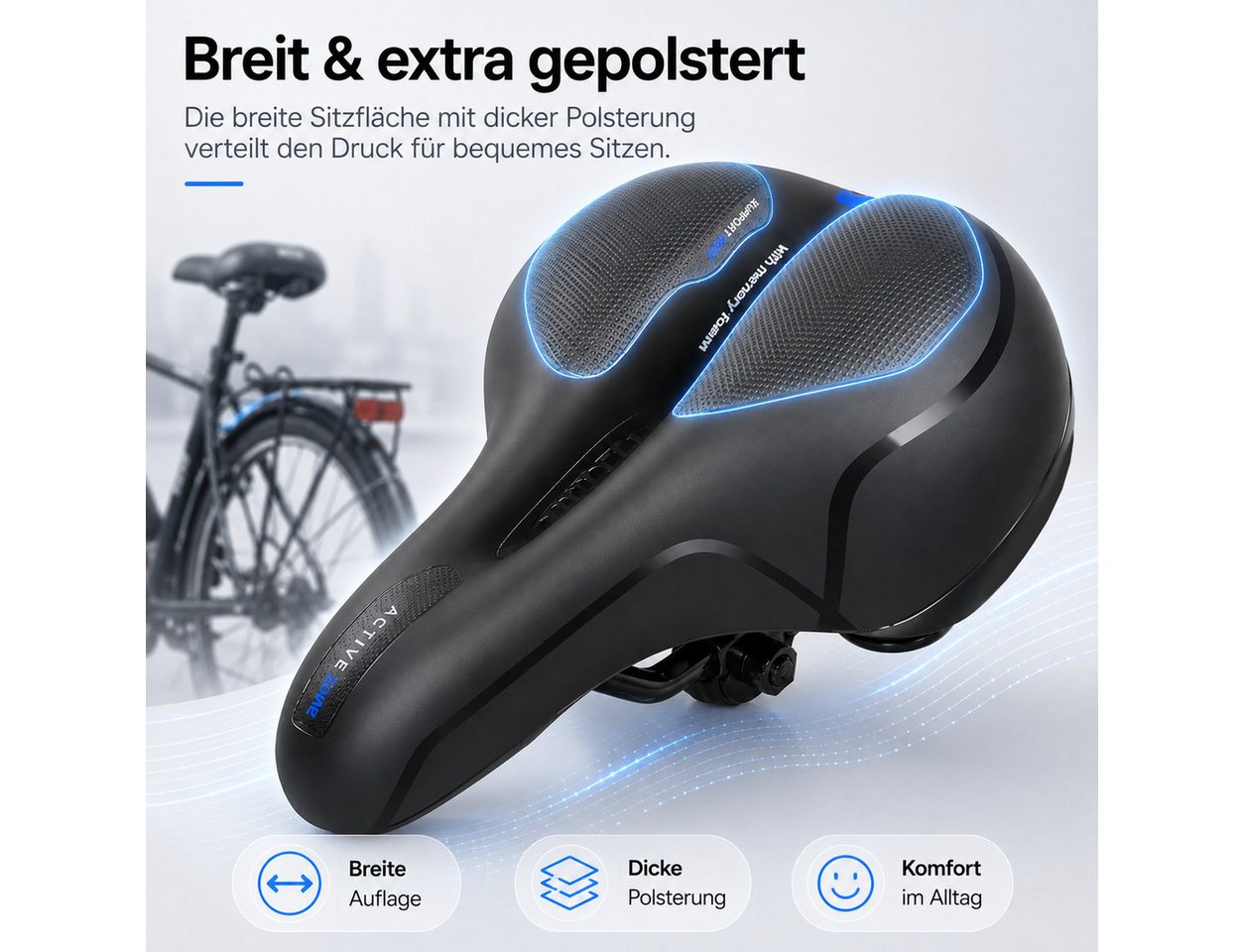 Luckice Fahrradsattel Ergonomischer Fahrradsattel mit Doppelstoßdämpfung, (Belüftung, breiter Polsterung), wasserabweisender Oberfläche & Reflektor Bild 2