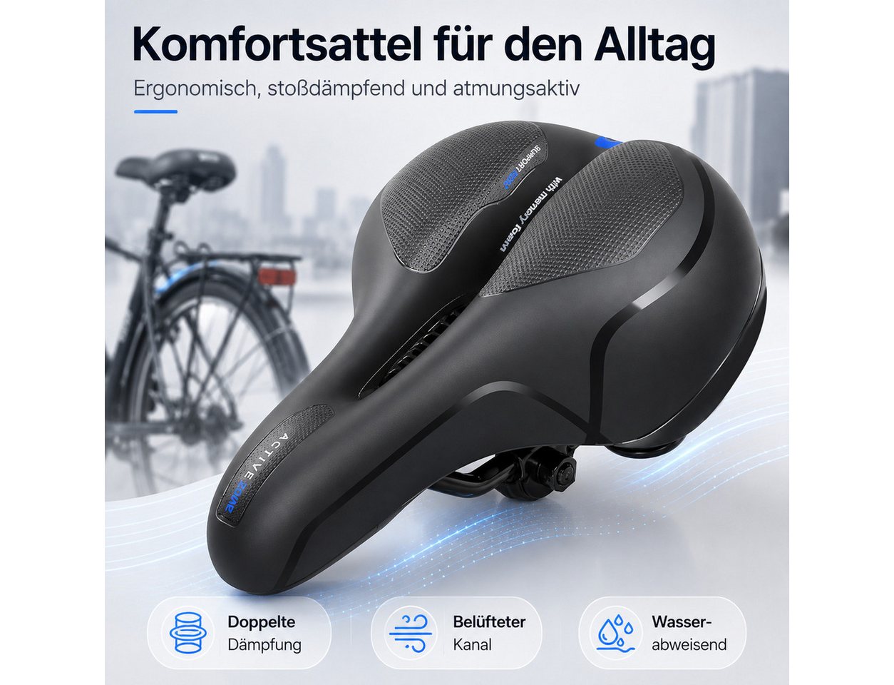 Luckice Fahrradsattel Ergonomischer Fahrradsattel mit Doppelstoßdämpfung, (Belüftung, breiter Polsterung), wasserabweisender Oberfläche & Reflektor Bild 3