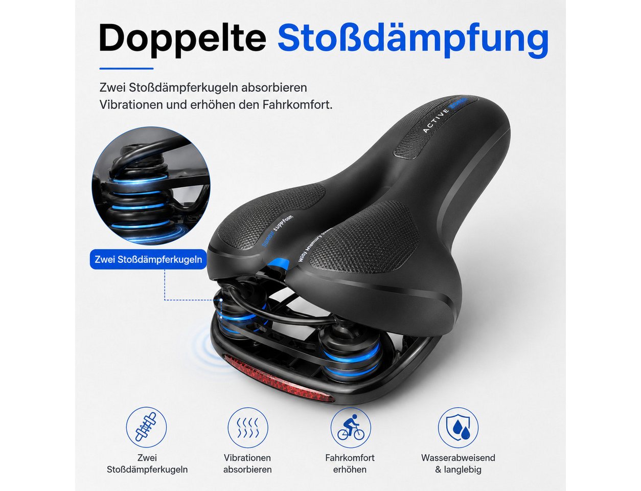 Luckice Fahrradsattel Ergonomischer Fahrradsattel mit Doppelstoßdämpfung, (Belüftung, breiter Polsterung), wasserabweisender Oberfläche & Reflektor Bild 4
