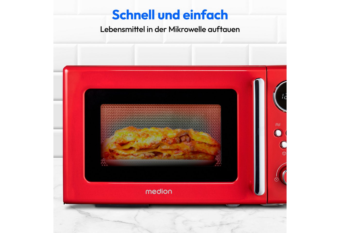 Medion® Mikrowelle MD15000, Mikrowelle, 20 l, 800 Watt, 5 Mikrowellenstufen, Digitale Anzeige, Auftaufunktion, rot Bild 2