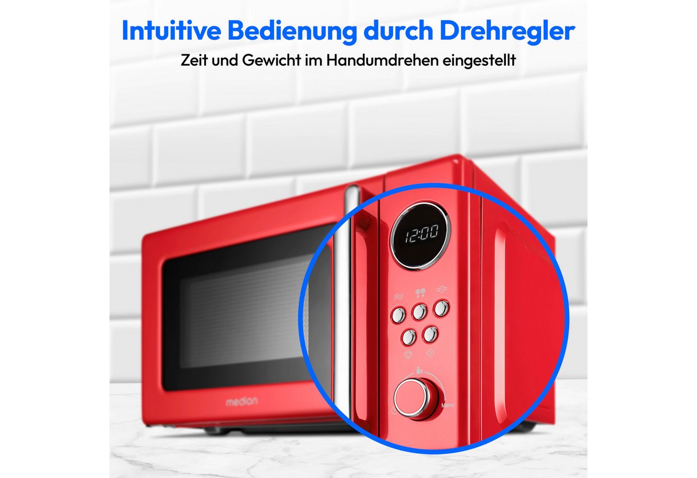 Medion® Mikrowelle MD15000, Mikrowelle, 20 l, 800 Watt, 5 Mikrowellenstufen, Digitale Anzeige, Auftaufunktion, rot Bild 4