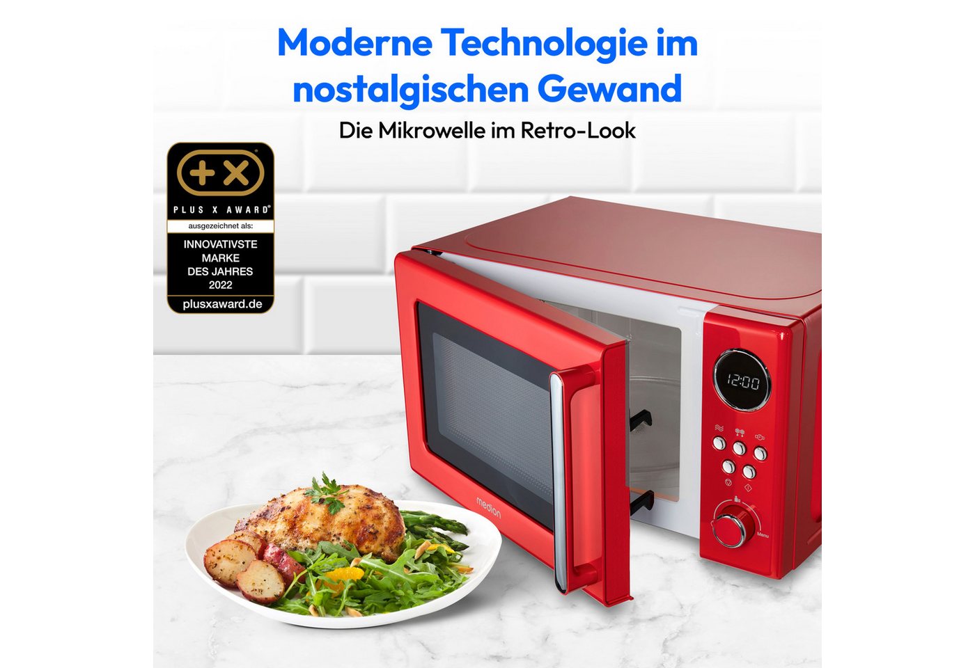 Medion® Mikrowelle MD15000, Mikrowelle, 20 l, 800 Watt, 5 Mikrowellenstufen, Digitale Anzeige, Auftaufunktion, rot Bild 5
