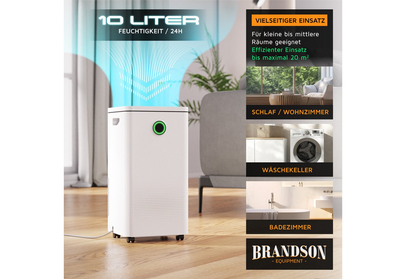 Brandson Luftentfeuchter mit Kompressor, 10 L/24 h, Raumentfeuchter elektrisch, gegen Schimmel, für 40 m³ Räume, Entfeuchtung 10 l/Tag, Tank 2,5 l, Timer, Defrosting, Sleep Modus/sehr leise für Schlafzimmer Bad Keller