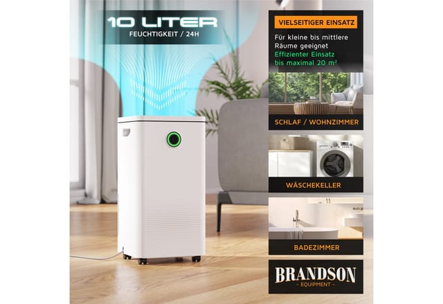 Brandson Luftentfeuchter mit Kompressor, 10 L/24 h, Raumentfeuchter elektrisch, gegen Schimmel, für 40 m³ Räume, Entfeuchtung 10 l/Tag, Tank 2,5 l, Timer, Defrosting, Sleep Modus/sehr leise für Schlafzimmer Bad Keller