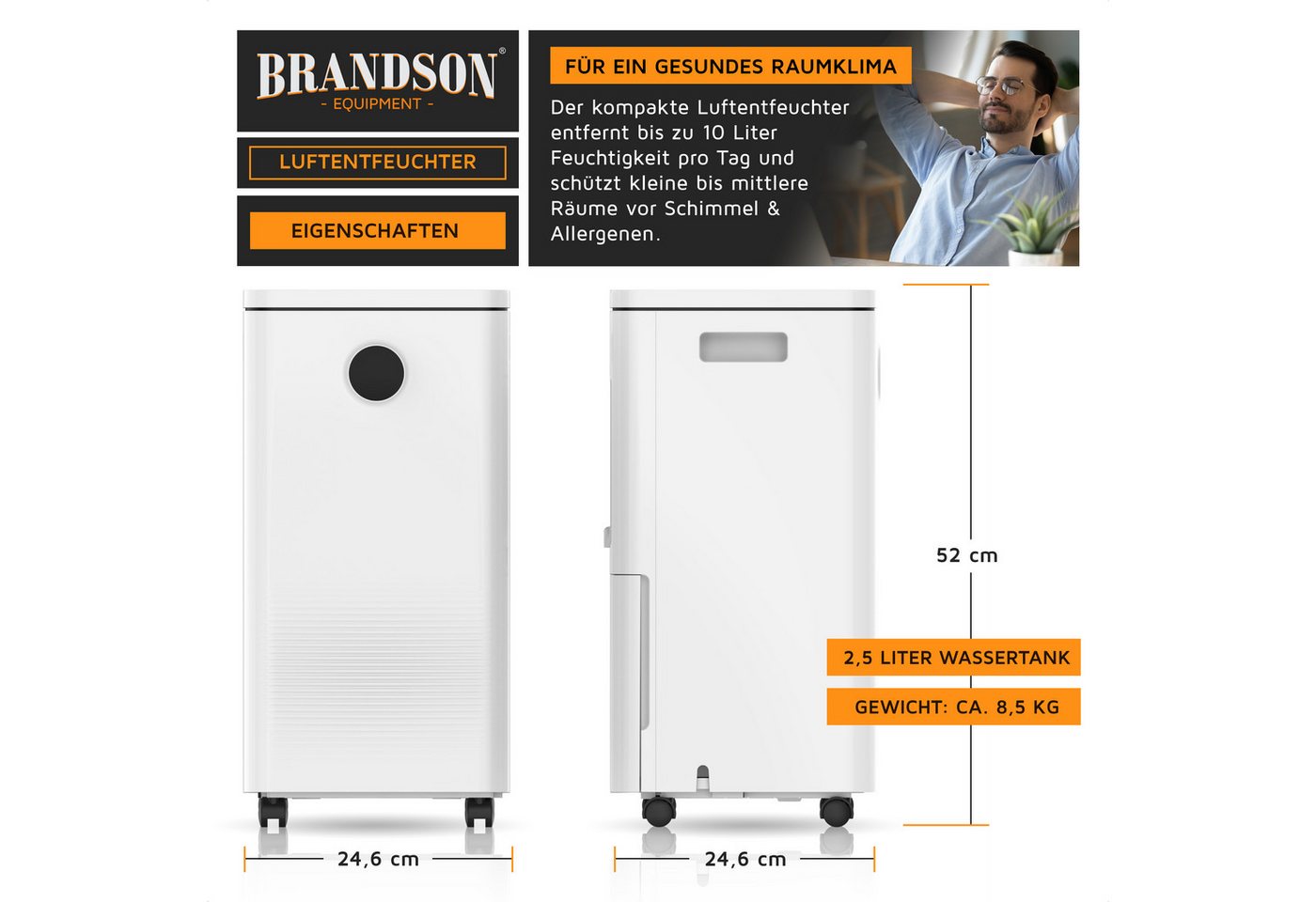 Brandson Luftentfeuchter mit Kompressor, 10 L/24 h, Raumentfeuchter elektrisch, gegen Schimmel, für 40 m³ Räume, Entfeuchtung 10 l/Tag, Tank 2,5 l, Timer, Defrosting, Sleep Modus/sehr leise für Schlafzimmer Bad Keller Bild 4