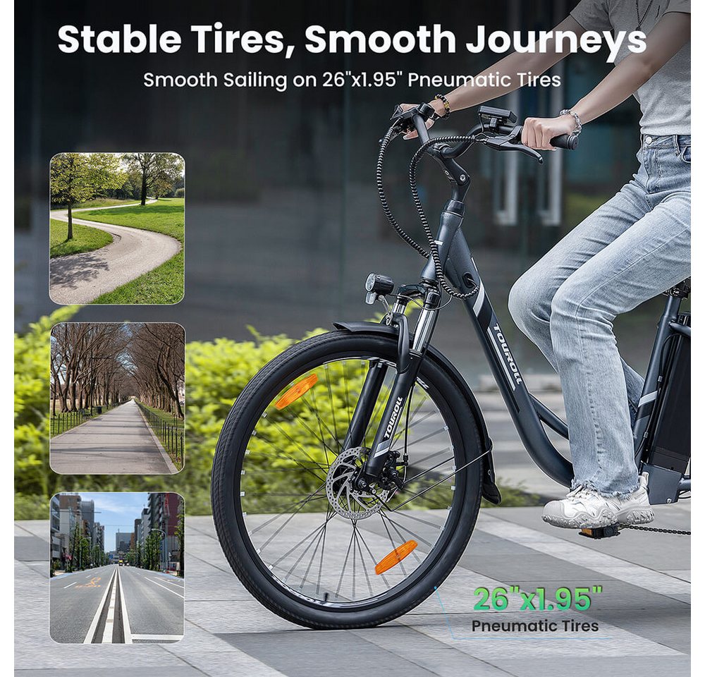 Touroll E-Bike B1 Trekkingrad mit 250-W-Motor, 26"x18", 25km/h, 7 Gang, Heckmotor, 561,6 Wh, 90 km Reichweite, 7‑Gang Shimano Schaltung, Scheibenbremsen