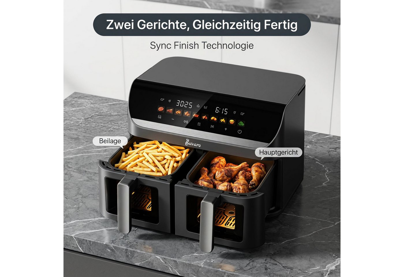 BUVARO Heißluftfritteuse DUAF-LR-002A mit 10 voreingestellte Programme, 2950 W, 11L, Transparente Sichtfenster, Sync Finish, Digitales Touch Display