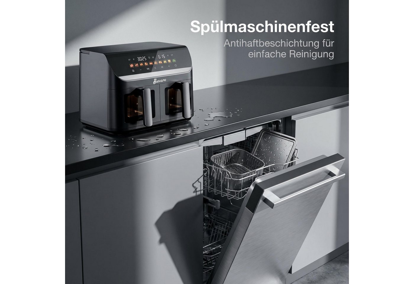 BUVARO Heißluftfritteuse DUAF-LR-002A mit 10 voreingestellte Programme, 2950 W, 11L, Transparente Sichtfenster, Sync Finish, Digitales Touch Display Bild 2