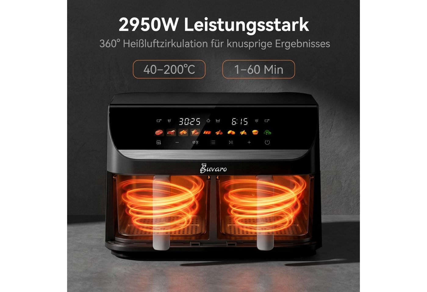 BUVARO Heißluftfritteuse DUAF-LR-002A mit 10 voreingestellte Programme, 2950 W, 11L, Transparente Sichtfenster, Sync Finish, Digitales Touch Display Bild 5