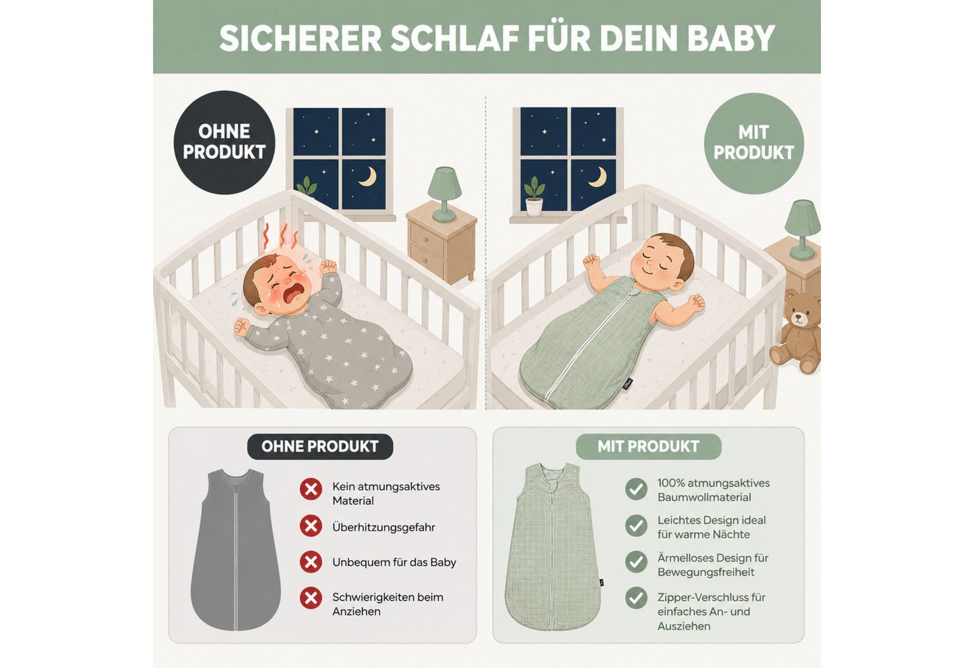 Alvi® Babyschlafsack Mull-Schlafsack Uni grün