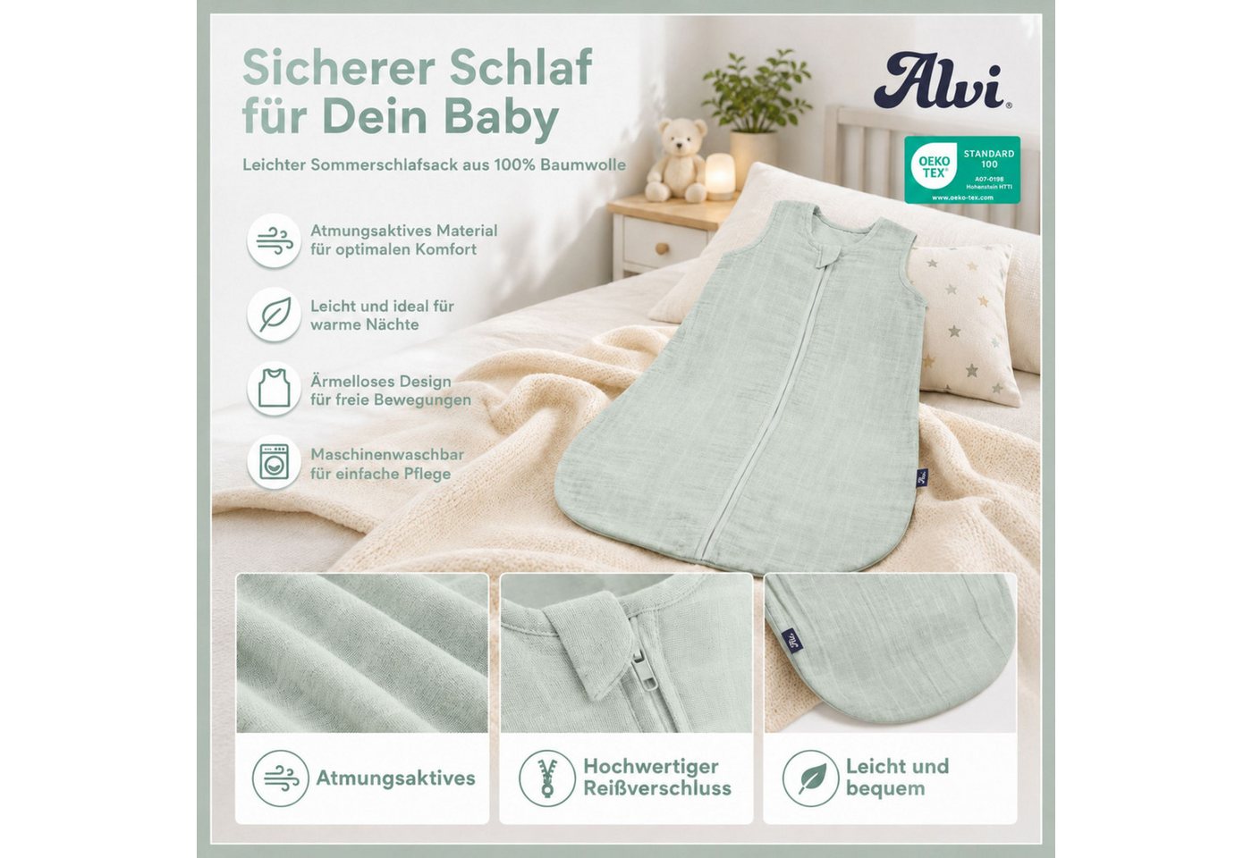 Alvi® Babyschlafsack Mull-Schlafsack Uni grün Bild 3