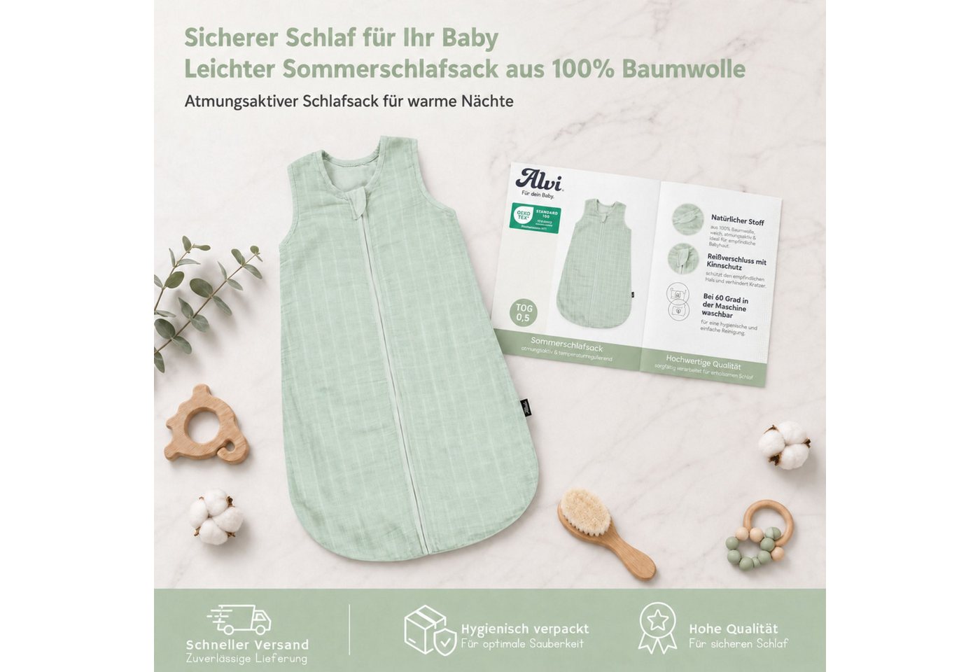 Alvi® Babyschlafsack Mull-Schlafsack Uni grün Bild 4