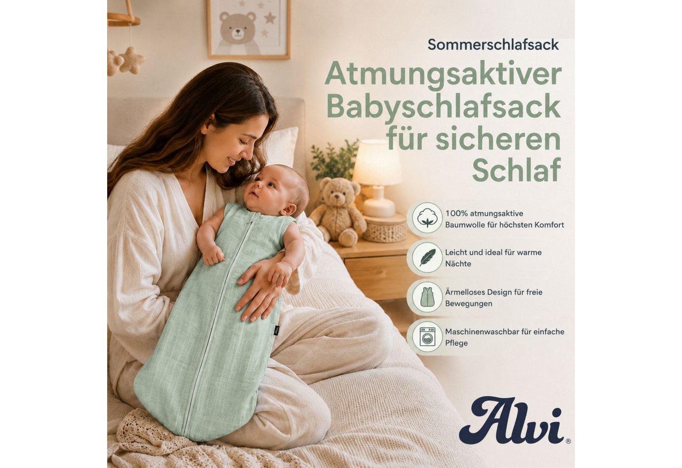 Alvi® Babyschlafsack Mull-Schlafsack Uni grün Bild 5