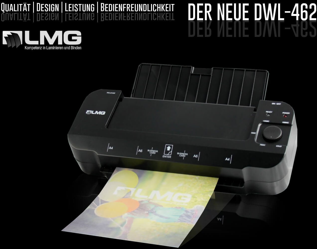 LMG Germany Laminiergerät DWL 462 Laminiergerät - DIN A4, 245 mm Arbeitsbreite, Heiß-/Kaltlaminieren, Anti-Stau-Funktion, DIN A4, 1 Min Aufwärmzeit Bild 2