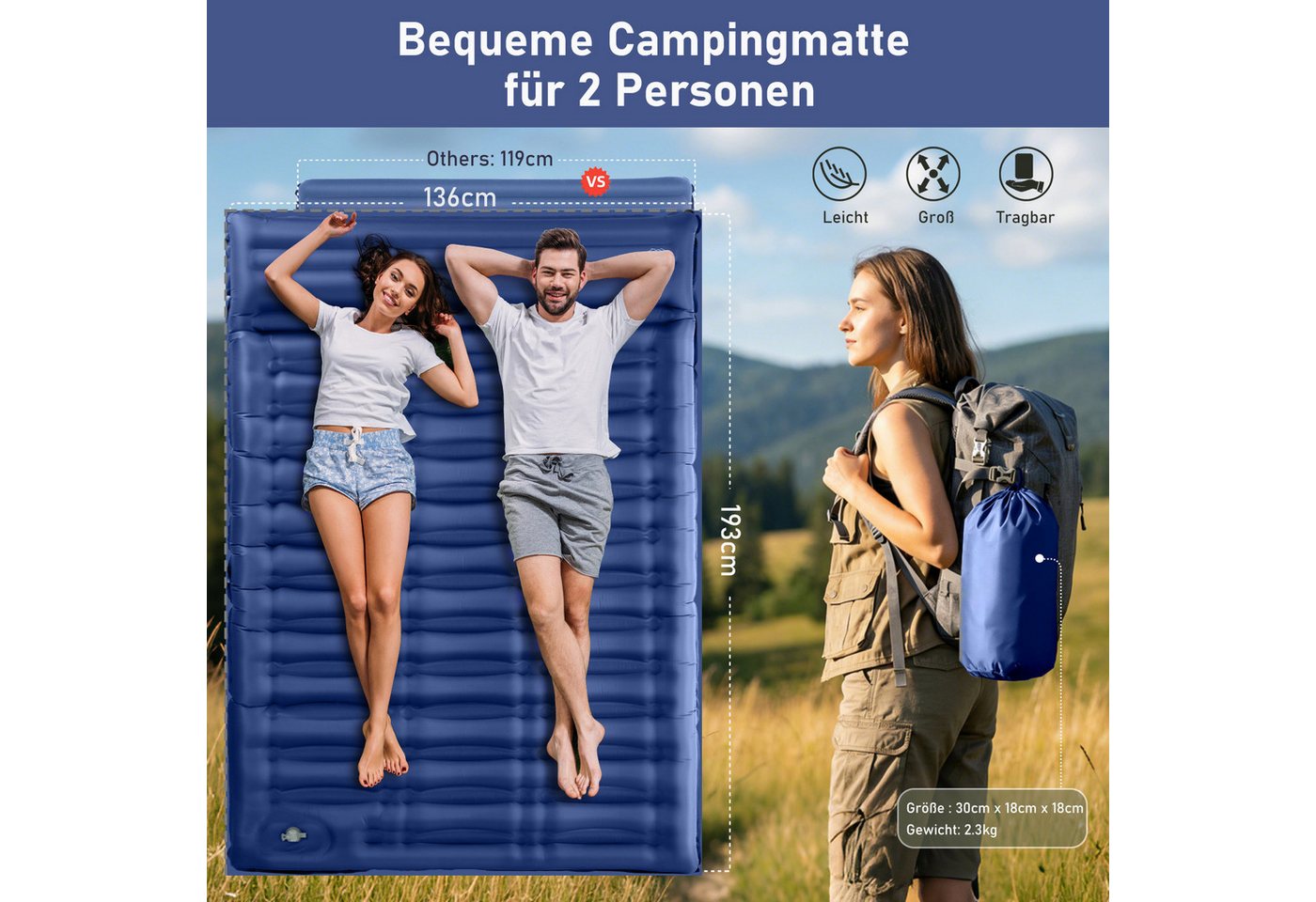 Elegear Isomatte isomatte selbstaufblasend 12/14cm Campingmatte Outdoor, 195×65/138CM, (1-tlg), Schlafmatte mit Fußpumpe, für 2 Personen Strand, Reisen, Zelt, Outdoor