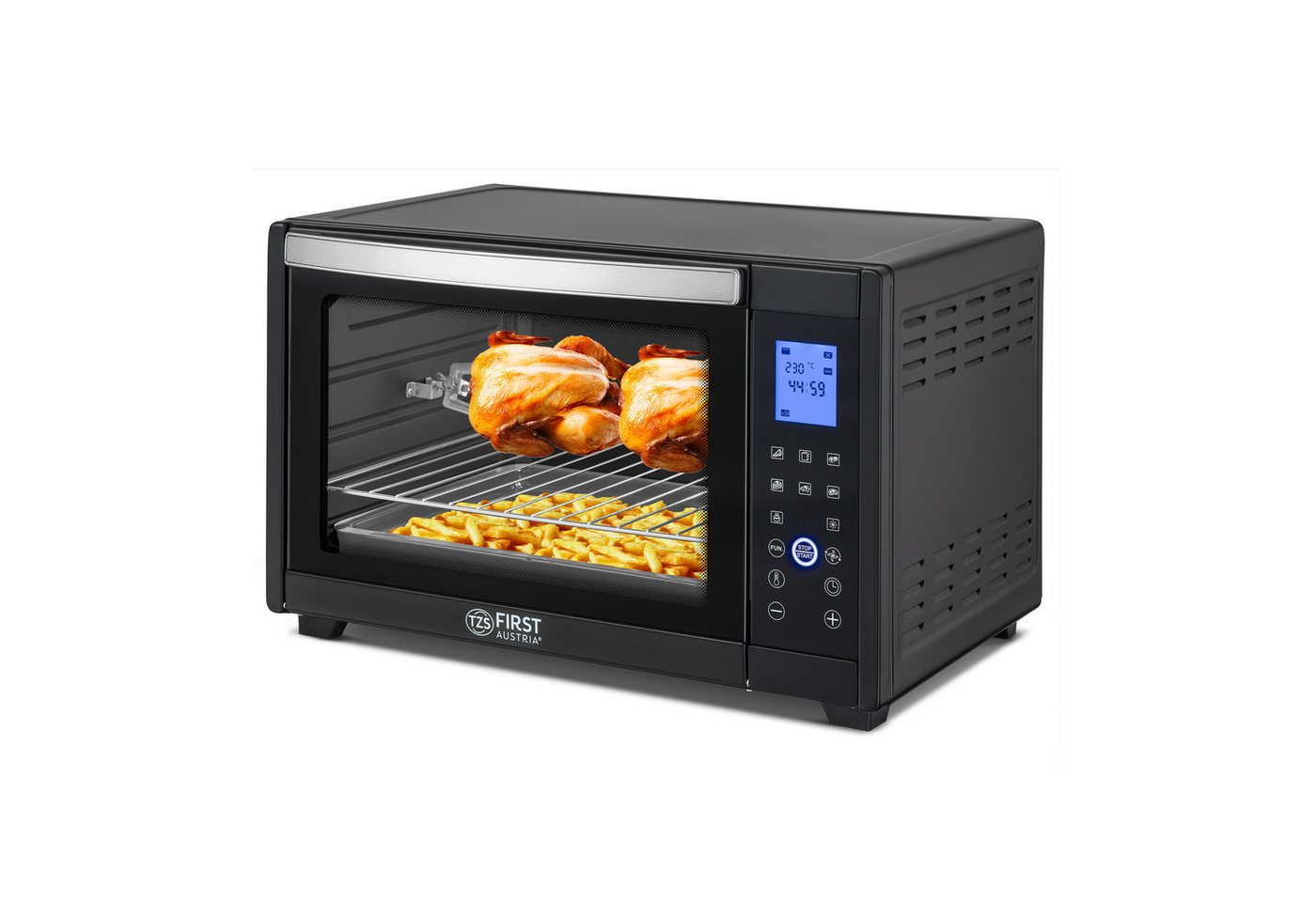 TZS FIRST AUSTRIA Minibackofen Digital 45L, 2000W, Antihaftbeschichtung,Temperaturregelung, Umluft, 40-230°C, 180 Min. Timer, Doppelverglasung, Drehspieß & Krümelblech