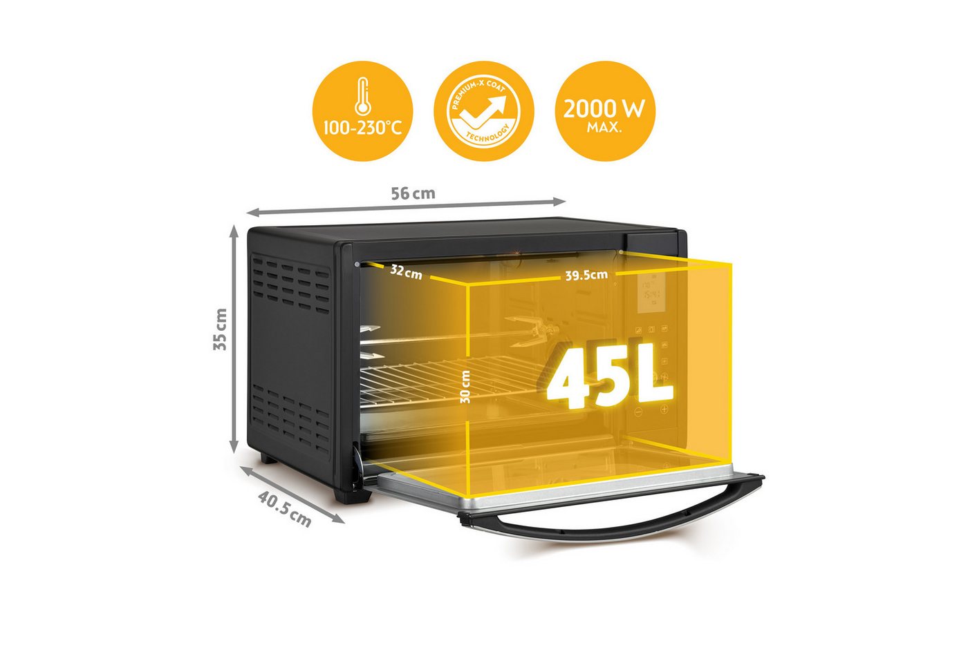 TZS FIRST AUSTRIA Minibackofen Digital 45L, 2000W, Antihaftbeschichtung,Temperaturregelung, Umluft, 40-230°C, 180 Min. Timer, Doppelverglasung, Drehspieß & Krümelblech Bild 2