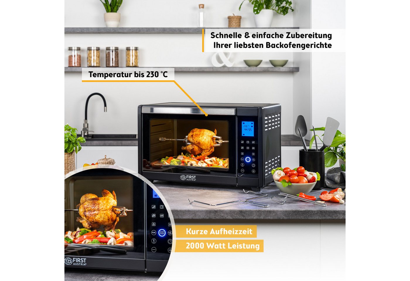 TZS FIRST AUSTRIA Minibackofen Digital 45L, 2000W, Antihaftbeschichtung,Temperaturregelung, Umluft, 40-230°C, 180 Min. Timer, Doppelverglasung, Drehspieß & Krümelblech Bild 3