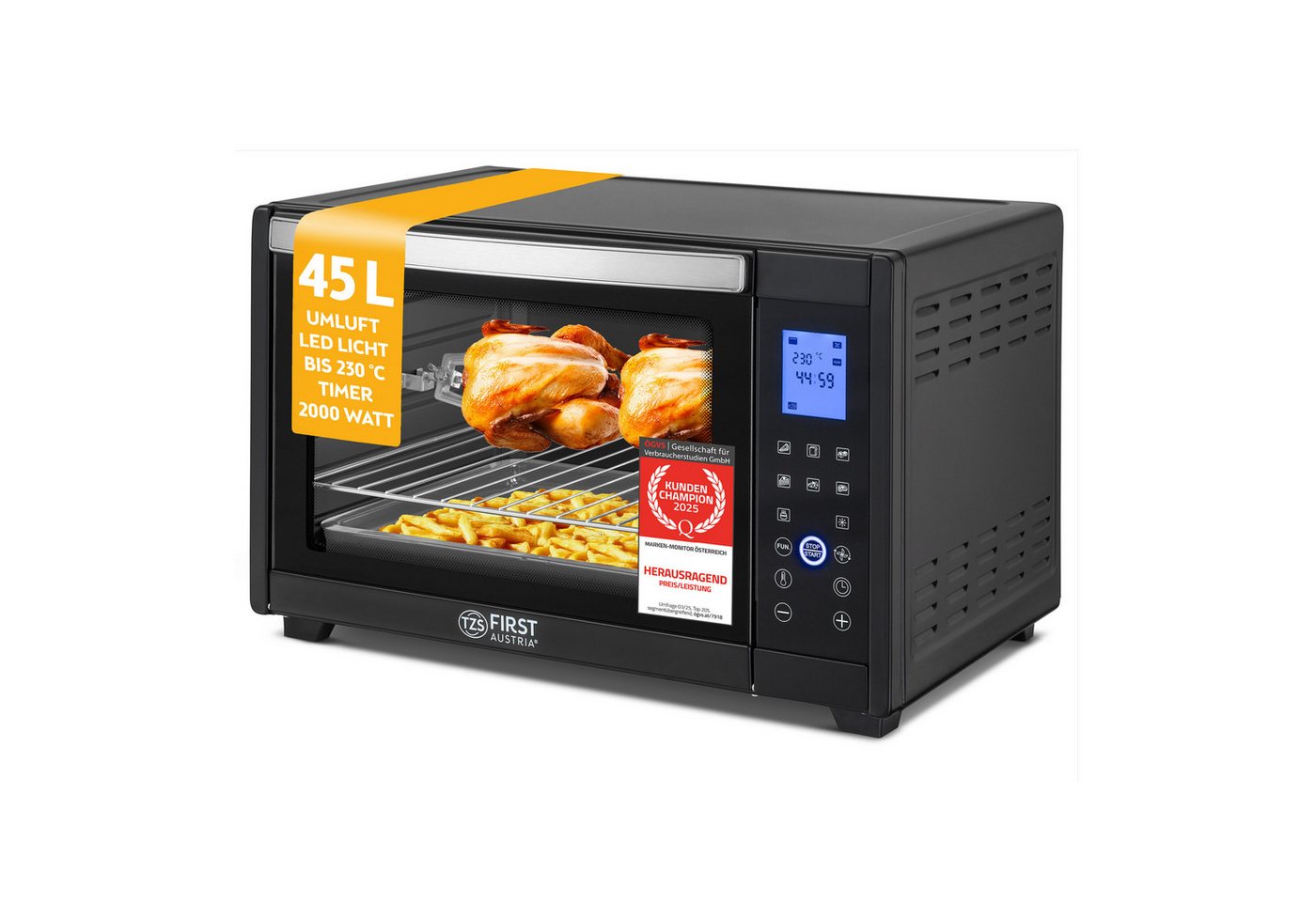 TZS FIRST AUSTRIA Minibackofen Digital 45L, 2000W, Antihaftbeschichtung,Temperaturregelung, Umluft, 40-230°C, 180 Min. Timer, Doppelverglasung, Drehspieß & Krümelblech Bild 4