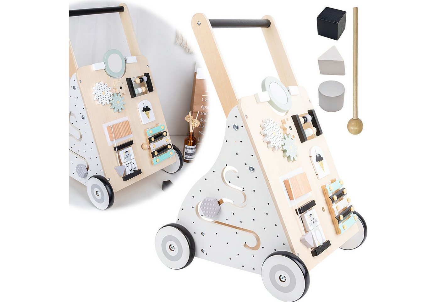 HEYHIPPO Lauflernwagen Lauflernwagen aus Holz, Neun-in-Eins-Spielzeug für die Früherziehung, (Multifunktionaler Lerntrolley für Kinder, Spielzeugauto), Kinderwagen, Babybuggy, rutschfest, 53 x 36,5 x 34 cm, Holz natur