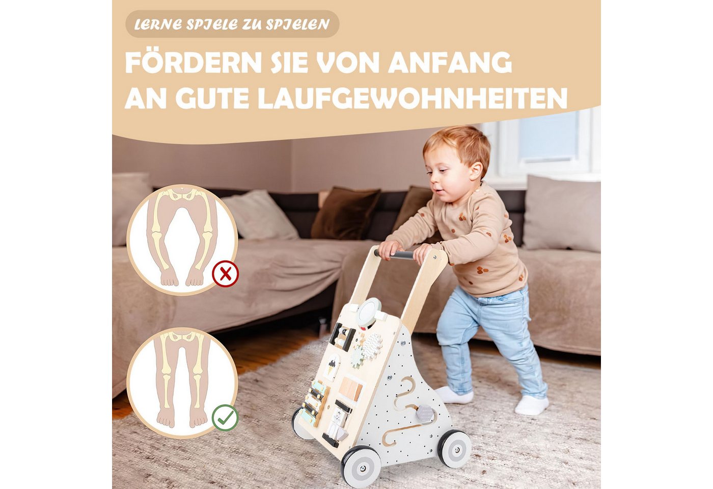 HEYHIPPO Lauflernwagen Lauflernwagen aus Holz, Neun-in-Eins-Spielzeug für die Früherziehung, (Multifunktionaler Lerntrolley für Kinder, Spielzeugauto), Kinderwagen, Babybuggy, rutschfest, 53 x 36,5 x 34 cm, Holz natur Bild 4