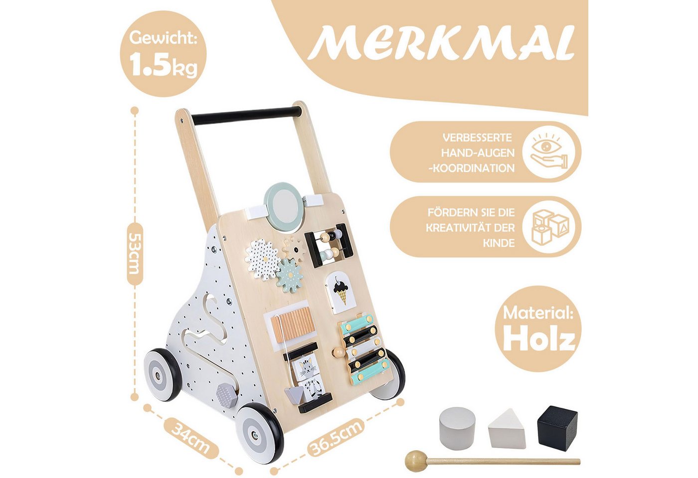 HEYHIPPO Lauflernwagen Lauflernwagen aus Holz, Neun-in-Eins-Spielzeug für die Früherziehung, (Multifunktionaler Lerntrolley für Kinder, Spielzeugauto), Kinderwagen, Babybuggy, rutschfest, 53 x 36,5 x 34 cm, Holz natur Bild 5