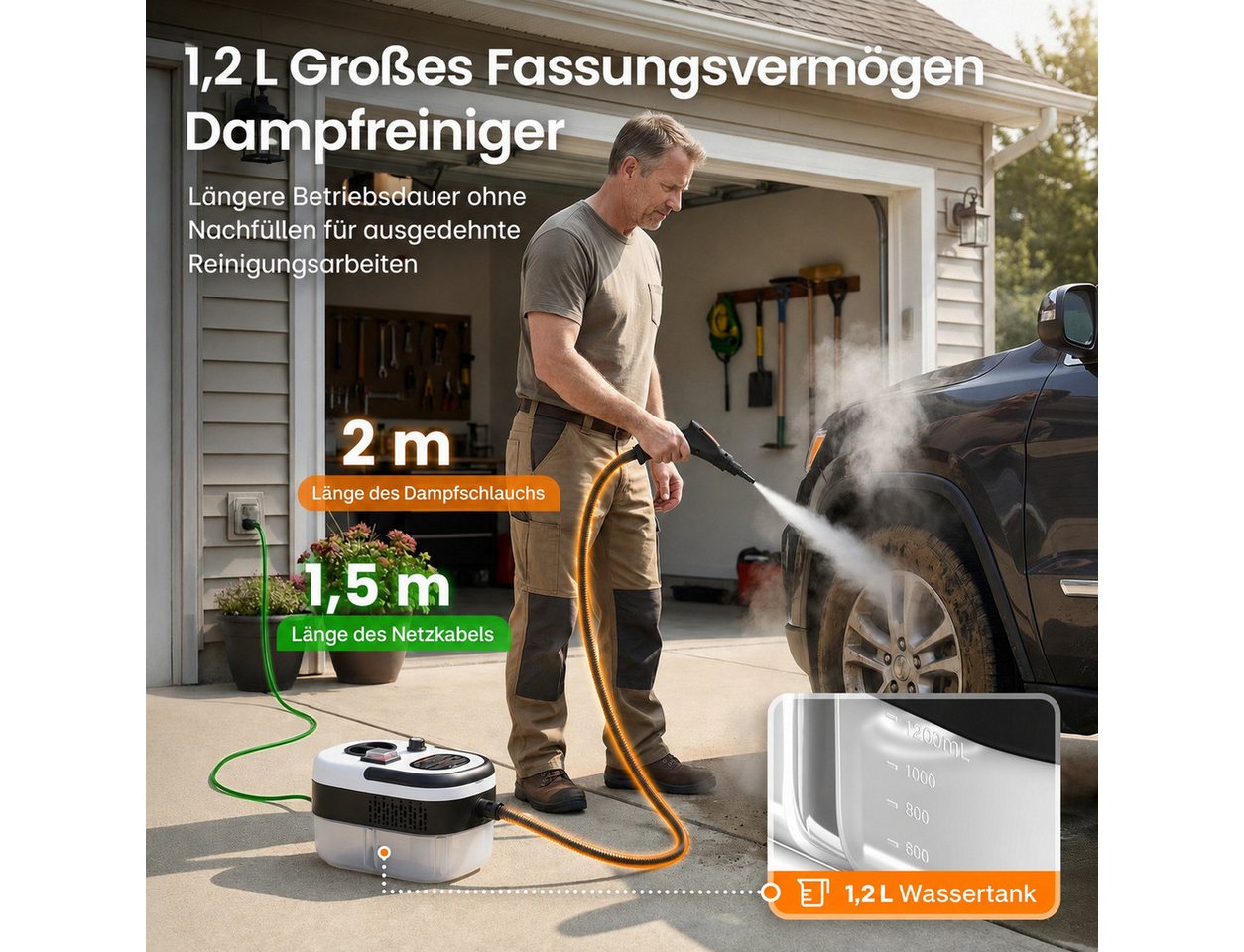 CUISYNC Handdampfreiniger Dampfreiniger 2500 W, 3 bar, 1,2 L, 15 s, 6 Stufen, mit Zubehör, 2500 W Bild 3