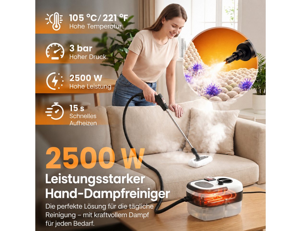 CUISYNC Handdampfreiniger Dampfreiniger 2500 W, 3 bar, 1,2 L, 15 s, 6 Stufen, mit Zubehör, 2500 W Bild 5