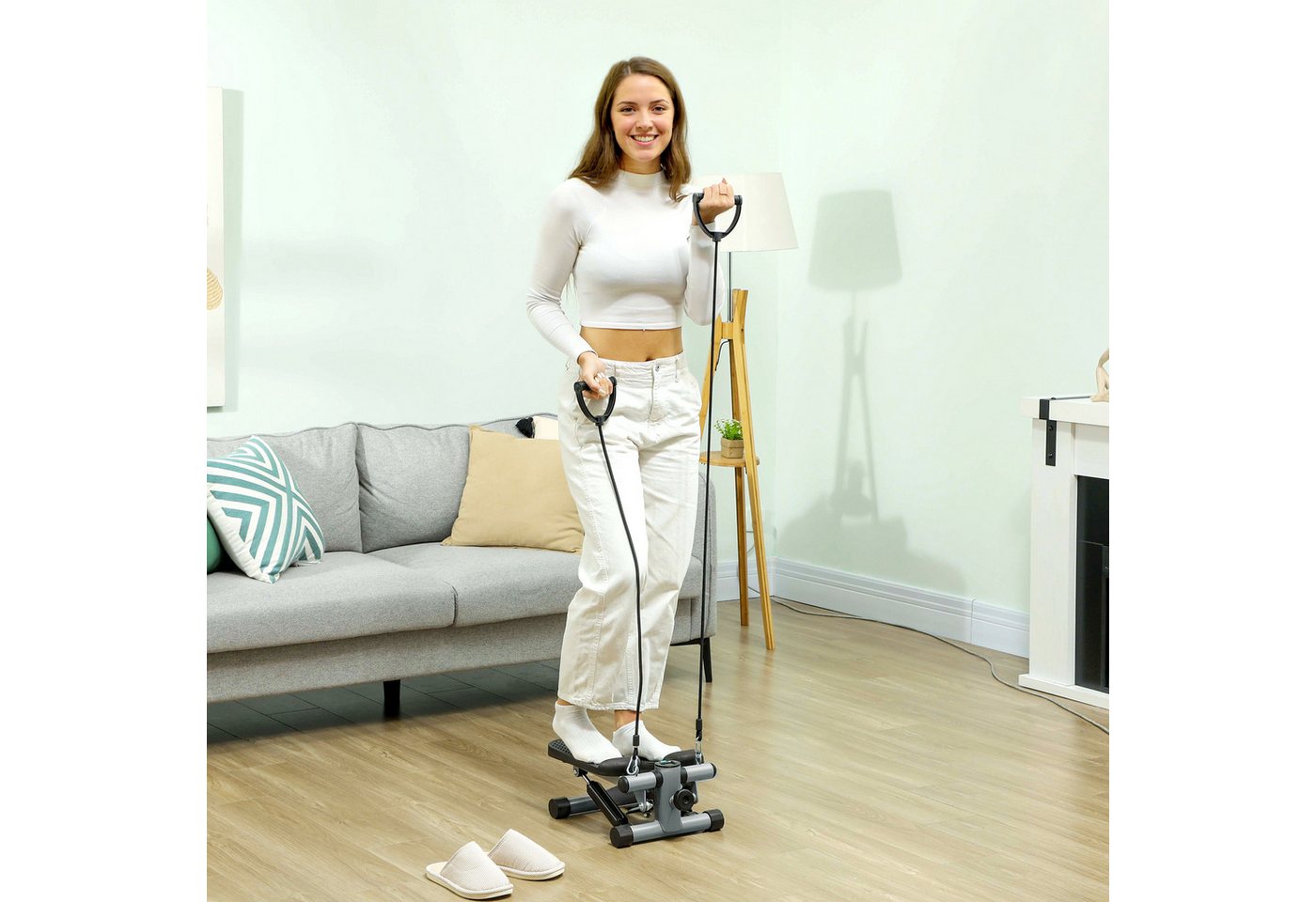 SPORTNOW Stepper mit Power Ropes, LCD-Display (Up-Down Swing Stepper, 1-tlg., 2 in 1 Mini-Stepper für Zuhause), bis 100 kg für Bein-,Armtraining, Home Office Fitness Exercise, Grau