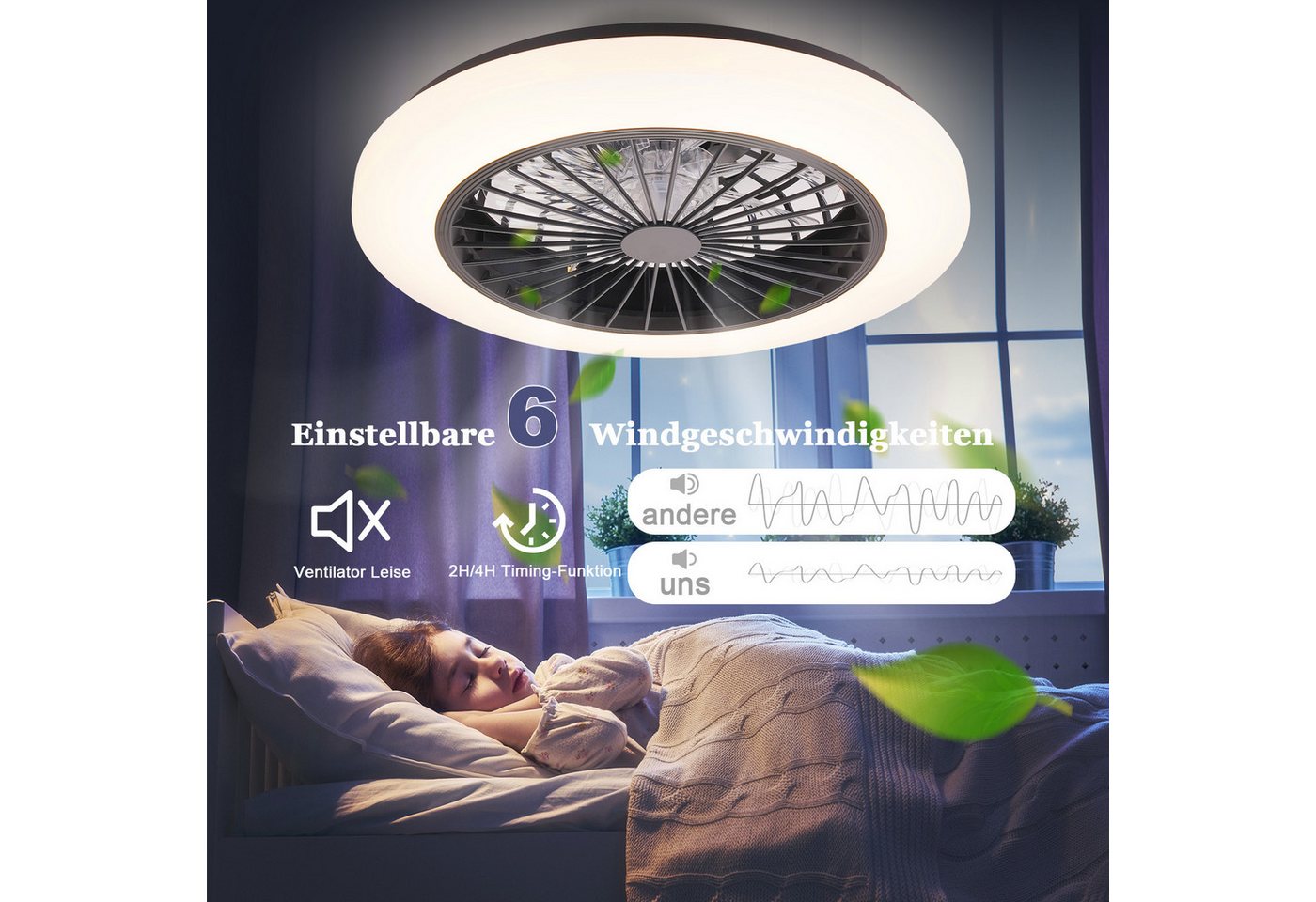 Nettlife Deckenventilator Leiser LED-Licht und Fernbedienung 40 W dimmbar Timer modern, 6 Geschwindigkeiten Deckenlampe Ventilator für Wohnzimmer Schlafzimmer
