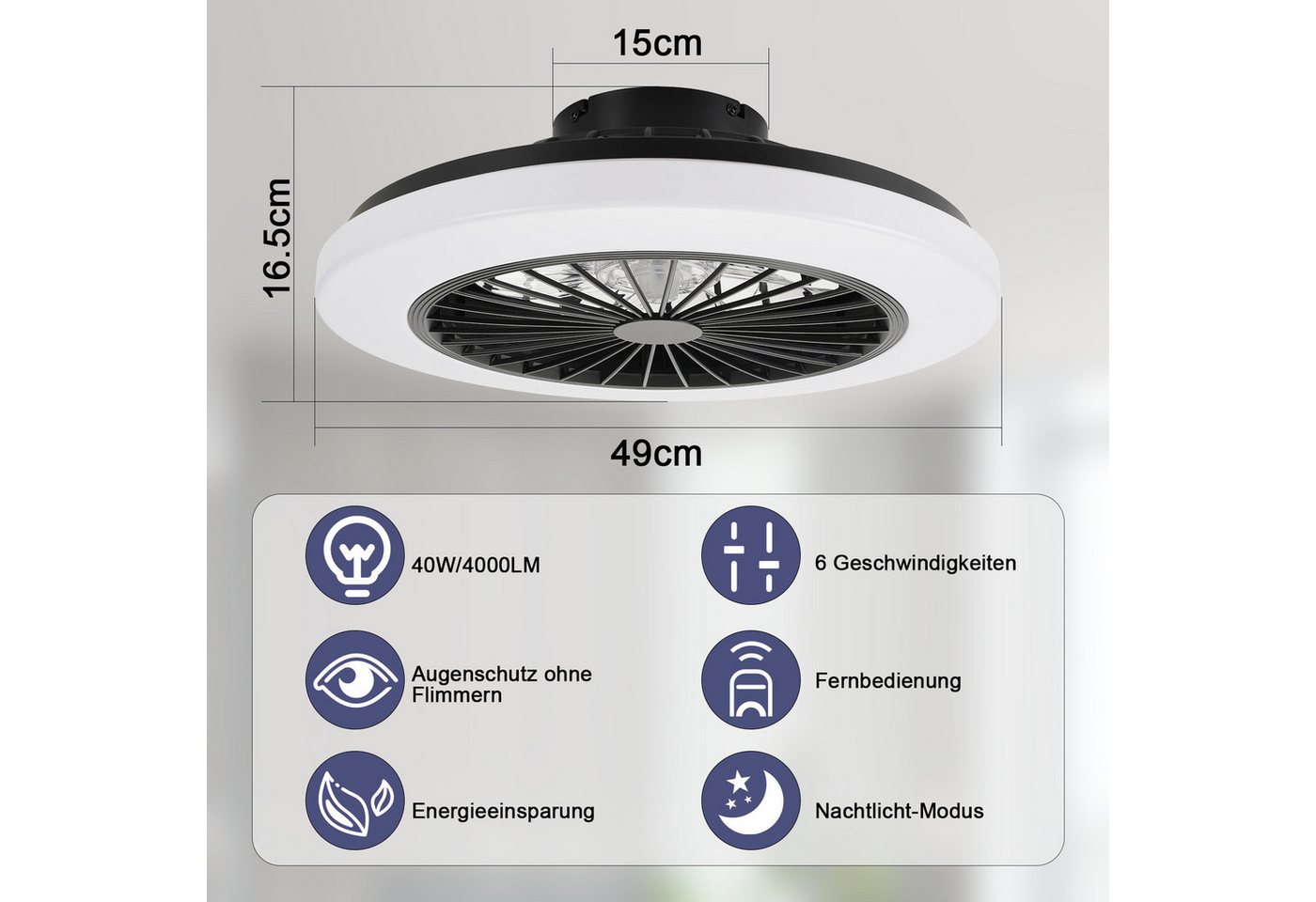 Nettlife Deckenventilator Leiser LED-Licht und Fernbedienung 40 W dimmbar Timer modern, 6 Geschwindigkeiten Deckenlampe Ventilator für Wohnzimmer Schlafzimmer Bild 3