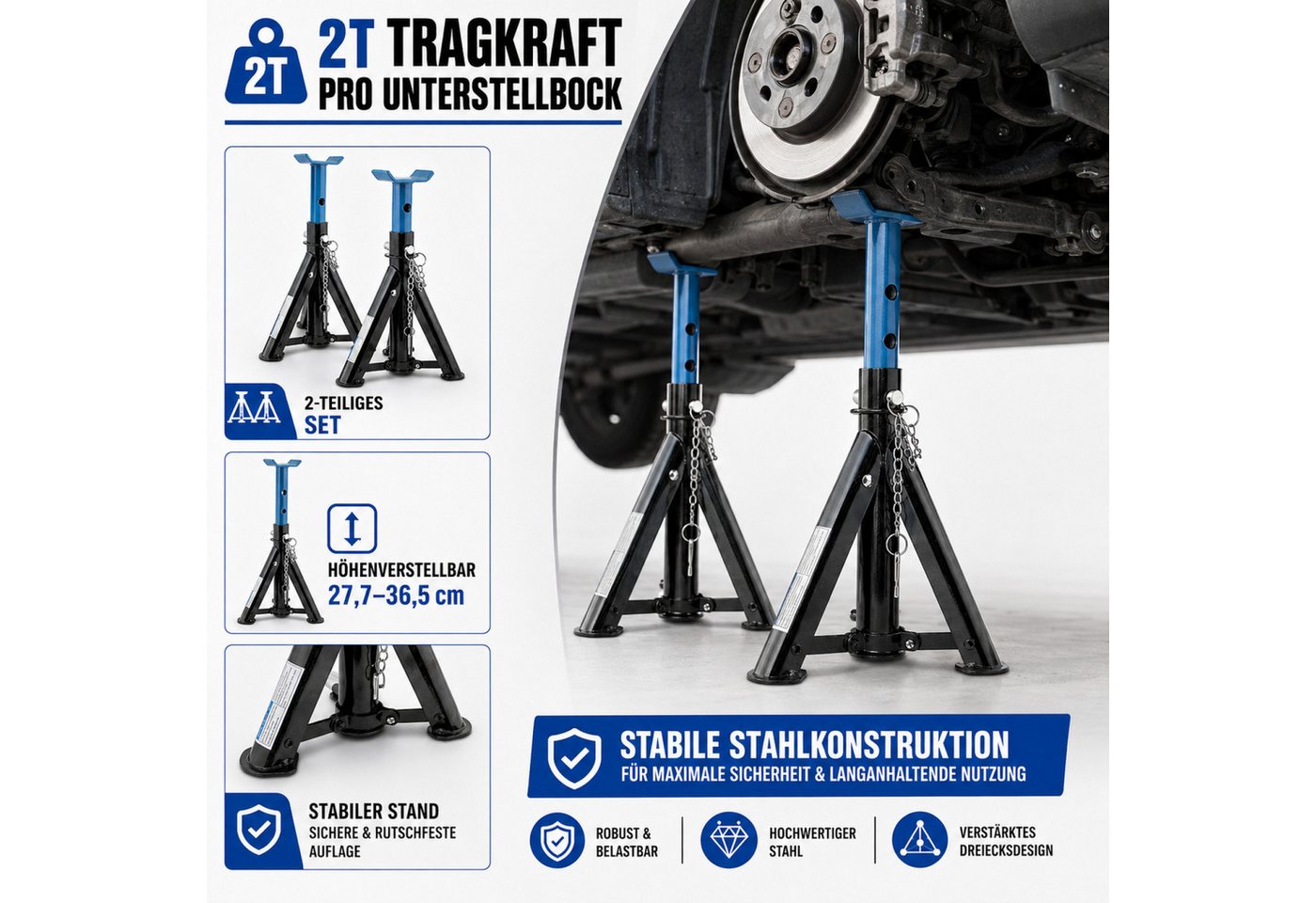 2x Bituxx Unterstellbock 2T klappbar verstellbar Auto PKW Abstellböcke 2000kg Schwarz/Blau Bild 2