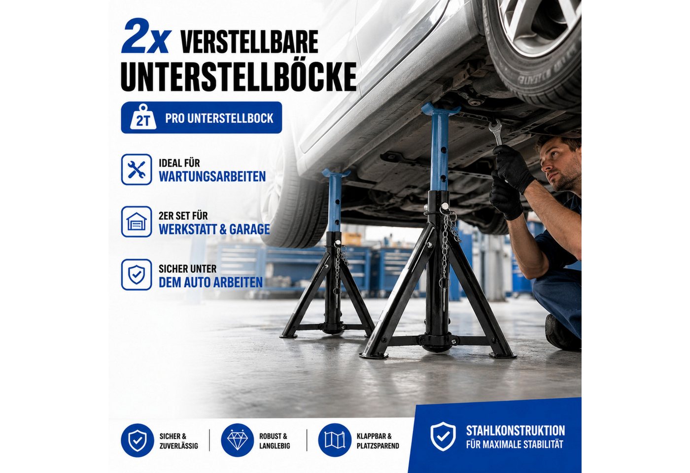 2x Bituxx Unterstellbock 2T klappbar verstellbar Auto PKW Abstellböcke 2000kg Schwarz/Blau Bild 5
