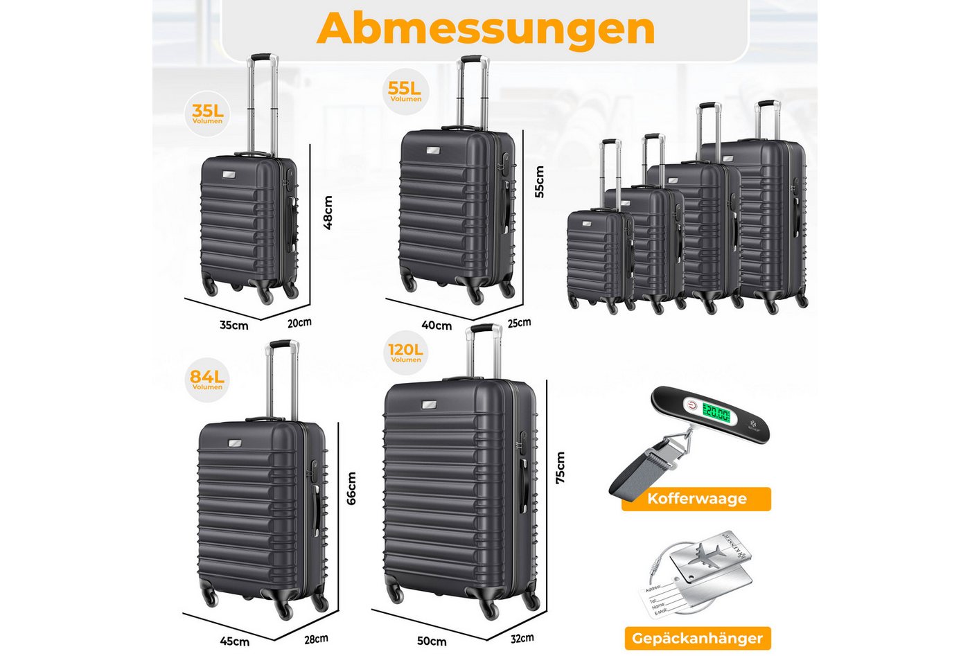 KESSER Kofferset, 4 Rollen, Inkl. Kofferwaage + Gepäckanhänger ABS-Hartschale