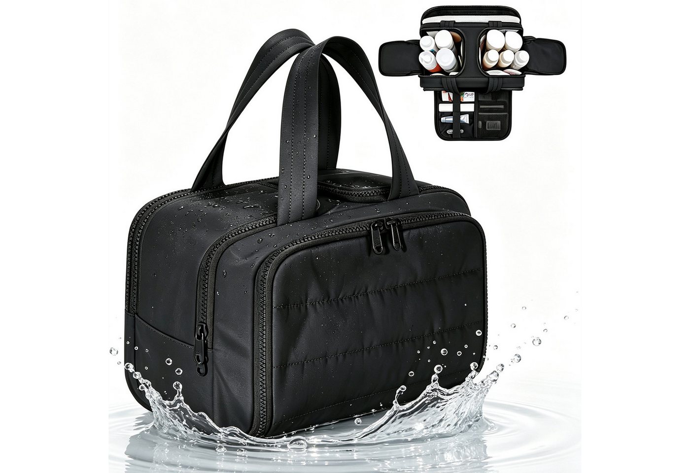 Forrlite Kofferorganizer Reise Kulturtasche Damen Heren Große,Weit Offene Reise‑Kulturbeutel (Kosmetiktasche Make up Organizer mit Griff für Zubehör), Essentials,Toilettenartikel, Schwarz