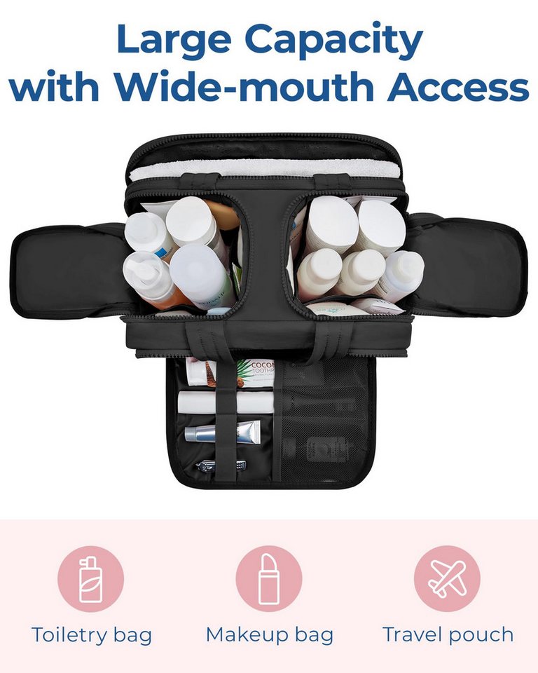Forrlite Kofferorganizer Reise Kulturtasche Damen Heren Große,Weit Offene Reise‑Kulturbeutel (Kosmetiktasche Make up Organizer mit Griff für Zubehör), Essentials,Toilettenartikel, Schwarz Bild 2