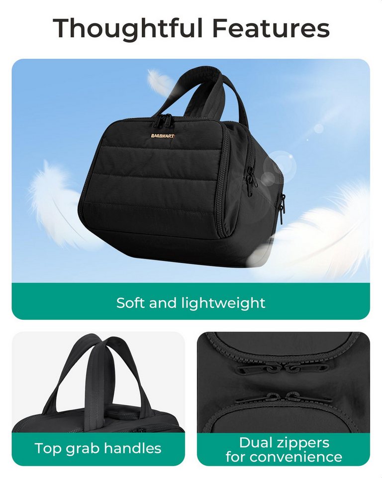 Forrlite Kofferorganizer Reise Kulturtasche Damen Heren Große,Weit Offene Reise‑Kulturbeutel (Kosmetiktasche Make up Organizer mit Griff für Zubehör), Essentials,Toilettenartikel, Schwarz Bild 3