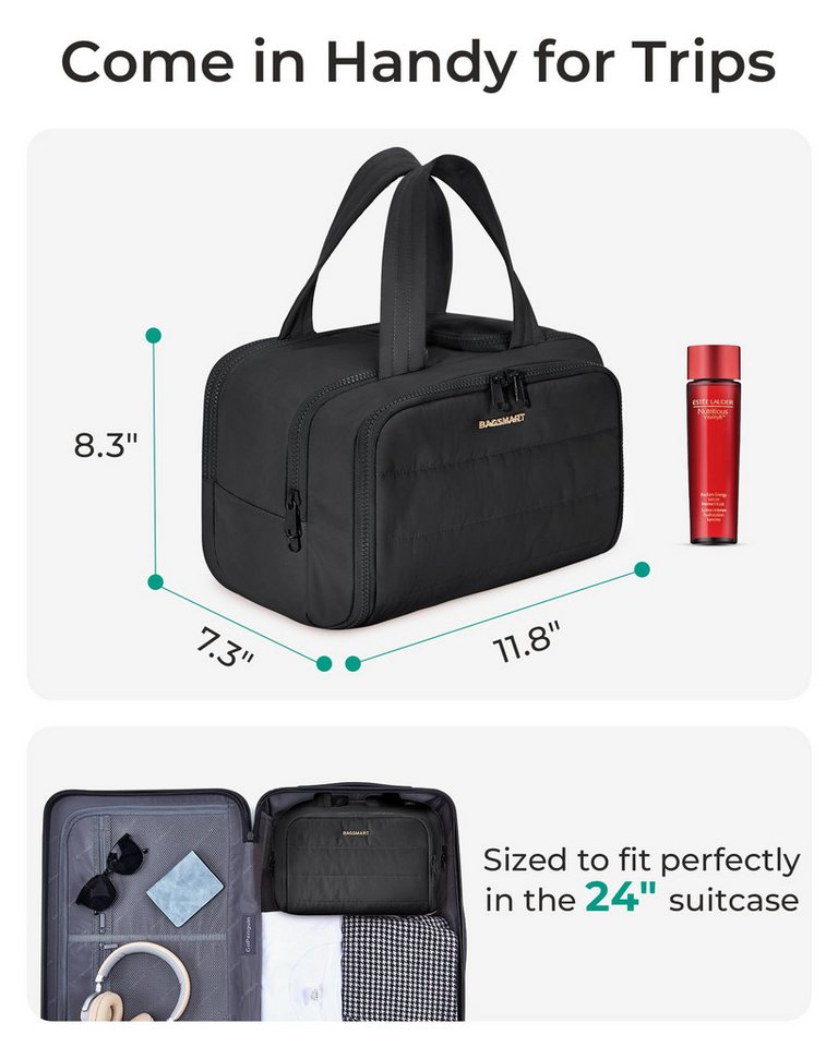 Forrlite Kofferorganizer Reise Kulturtasche Damen Heren Große,Weit Offene Reise‑Kulturbeutel (Kosmetiktasche Make up Organizer mit Griff für Zubehör), Essentials,Toilettenartikel, Schwarz Bild 4
